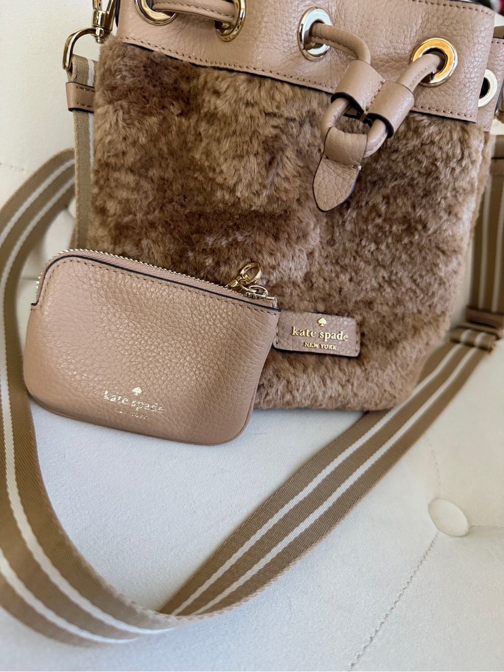 kate spade Brown Faux Fur Drawstring Crossbody w/Striped Strap with coin purse - Picture 8 of 9